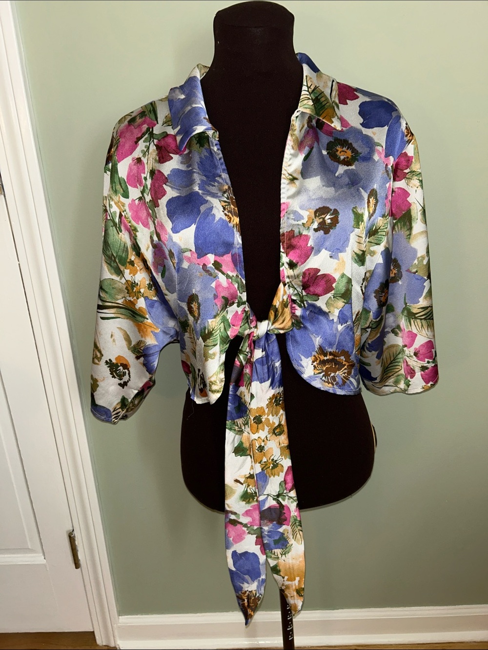 Pleione Floral Tie-Front Blouse in Blue, Pink & Green